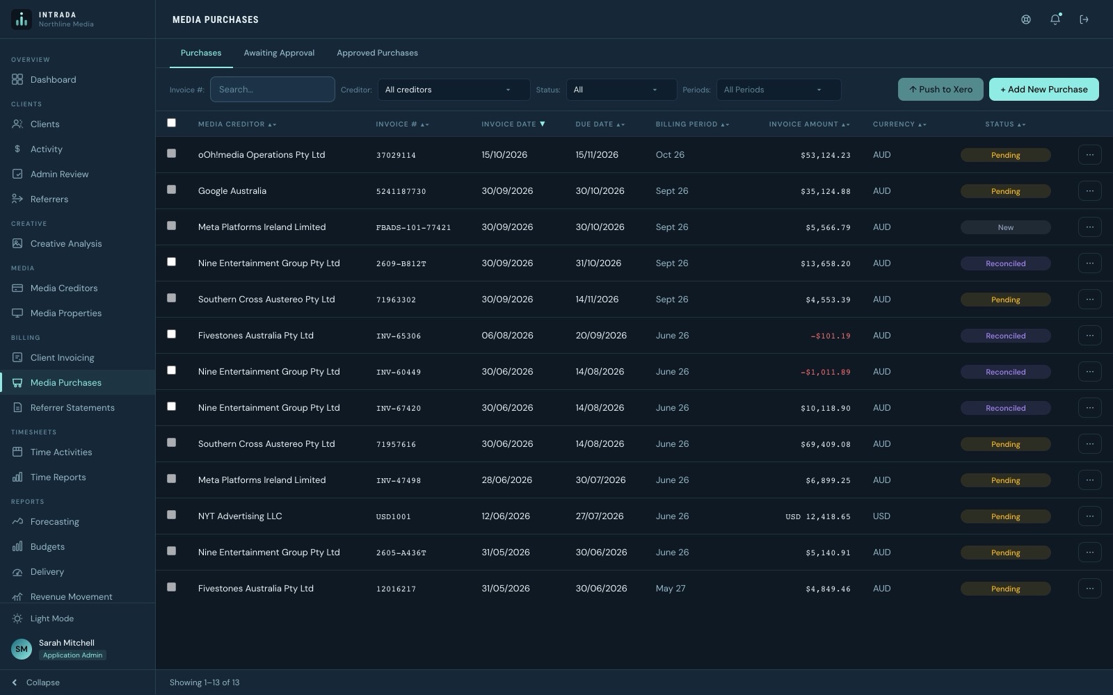 Intrada purchases screen